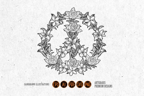 Boho Paradise Decorative Flowers Peace Symbol Outline