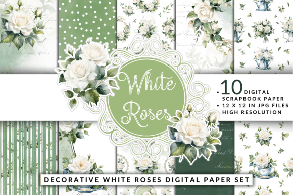 Decorative White Roses Digital Paper Set
